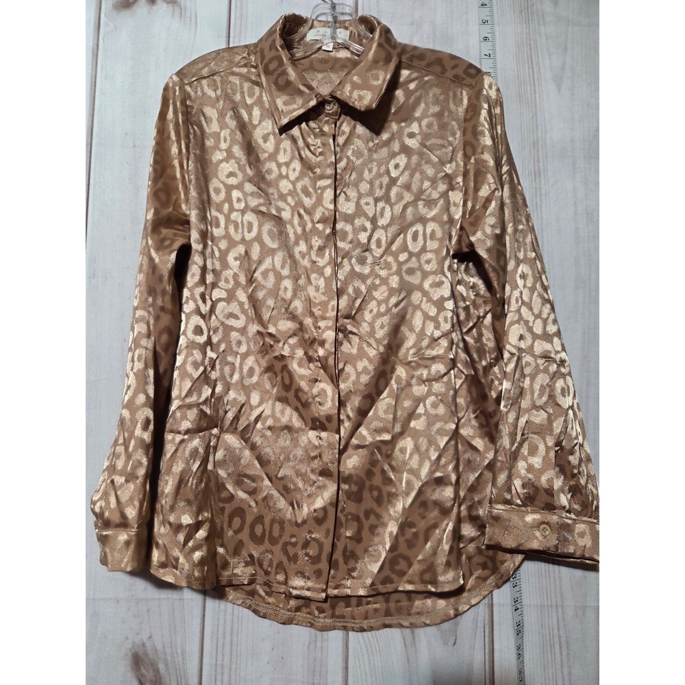 Sweet Generis Leopard Print Satin Button Up Shirt Womens Size M Gold Long Sleeve